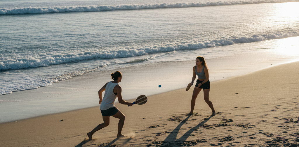 Two people playing beach paddle on a sandy beach with ocean waves and mountains in the background.